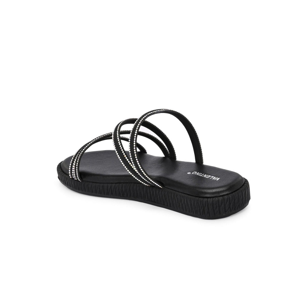 Valentino Women Black Triple Strap Flat Comfort Sandal