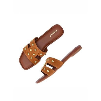 Valentino Women Tan Studded Cross Strap Flat Slide
