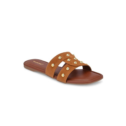 Valentino Women Tan Studded Cross Strap Flat Slide