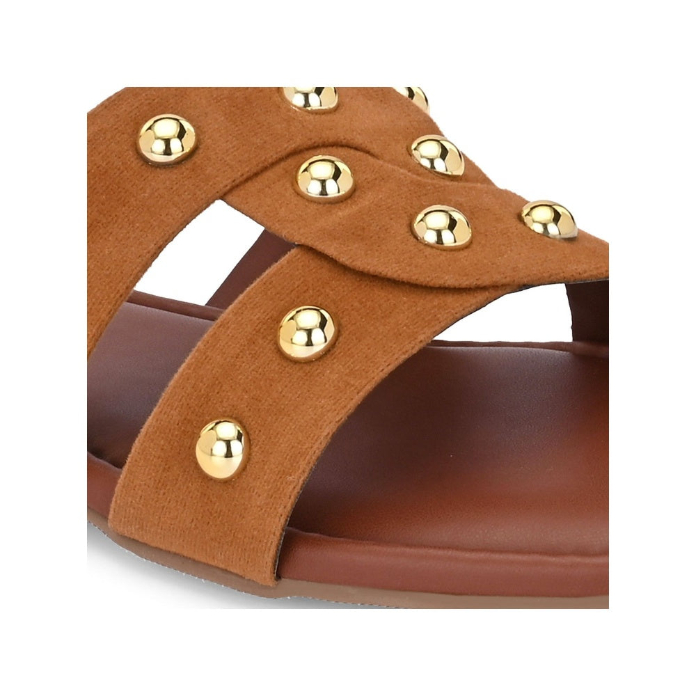 Valentino Women Tan Studded Cross Strap Flat Slide