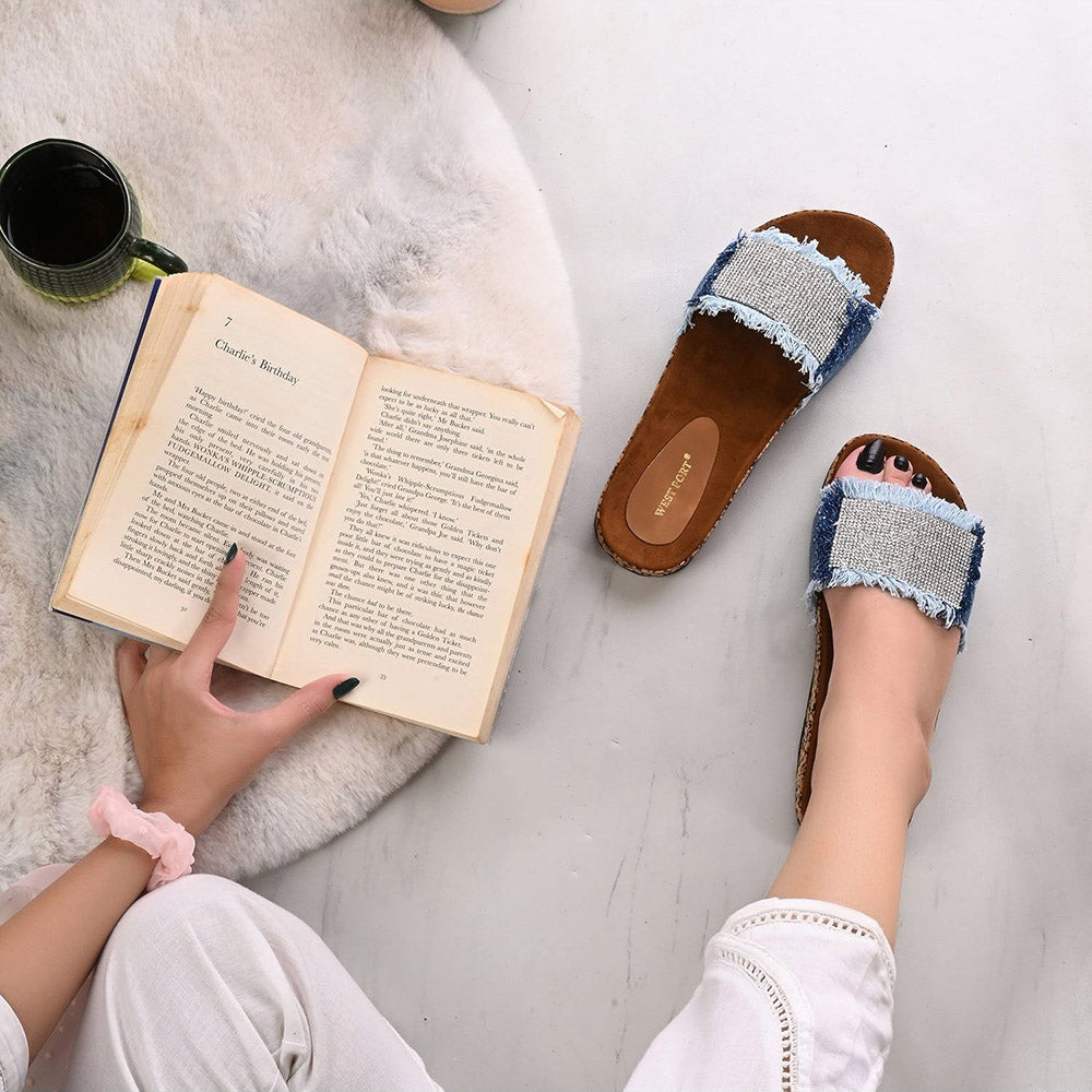 Valentino Women Navy Blue Denim Fringe Cork Slides