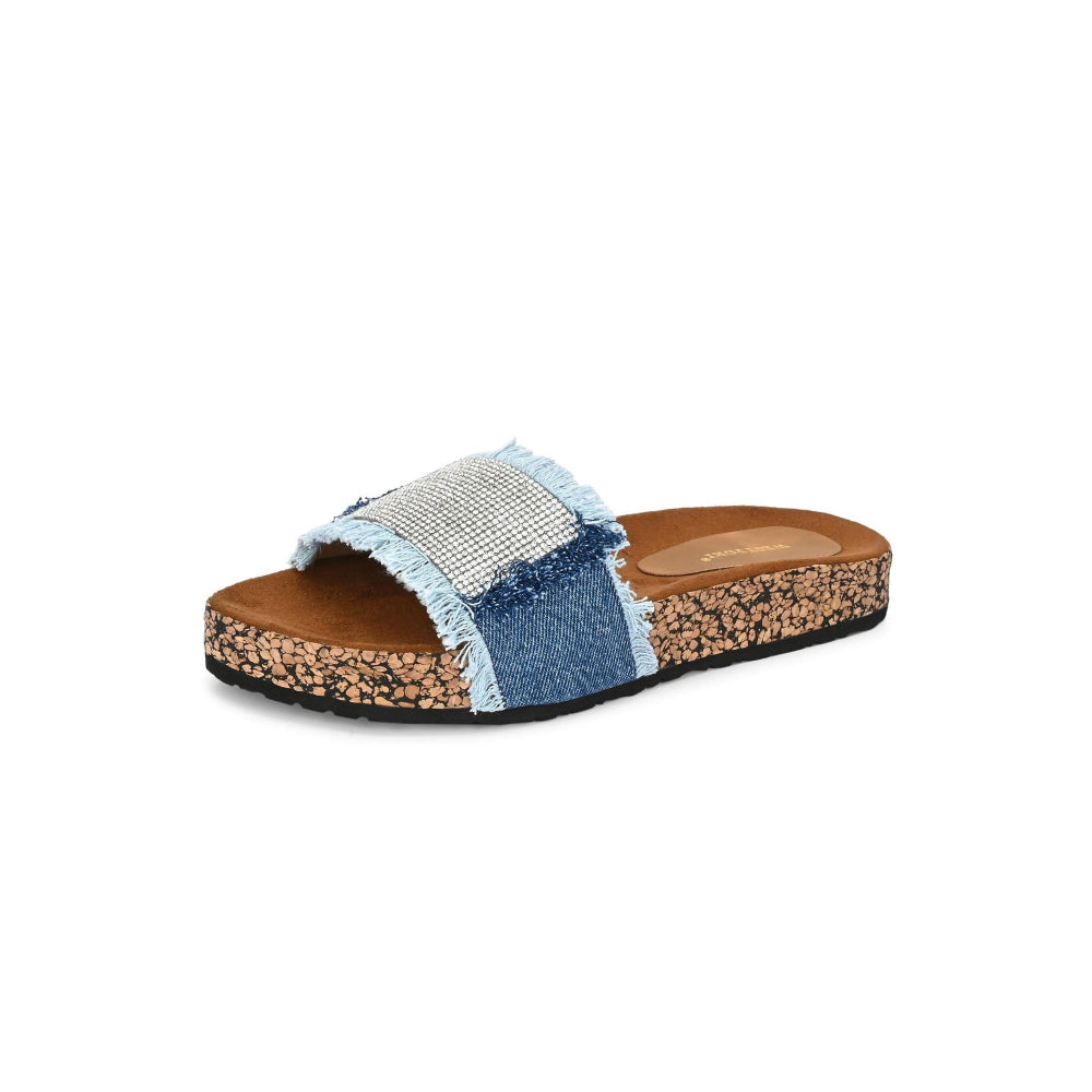 Valentino Women Navy Blue Denim Fringe Cork Slides