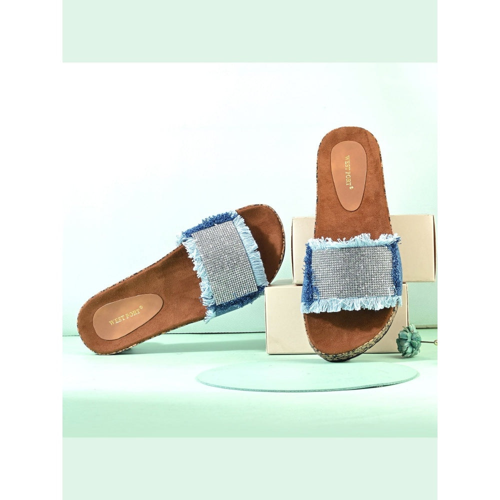 Valentino Women Navy Blue Denim Fringe Cork Slides