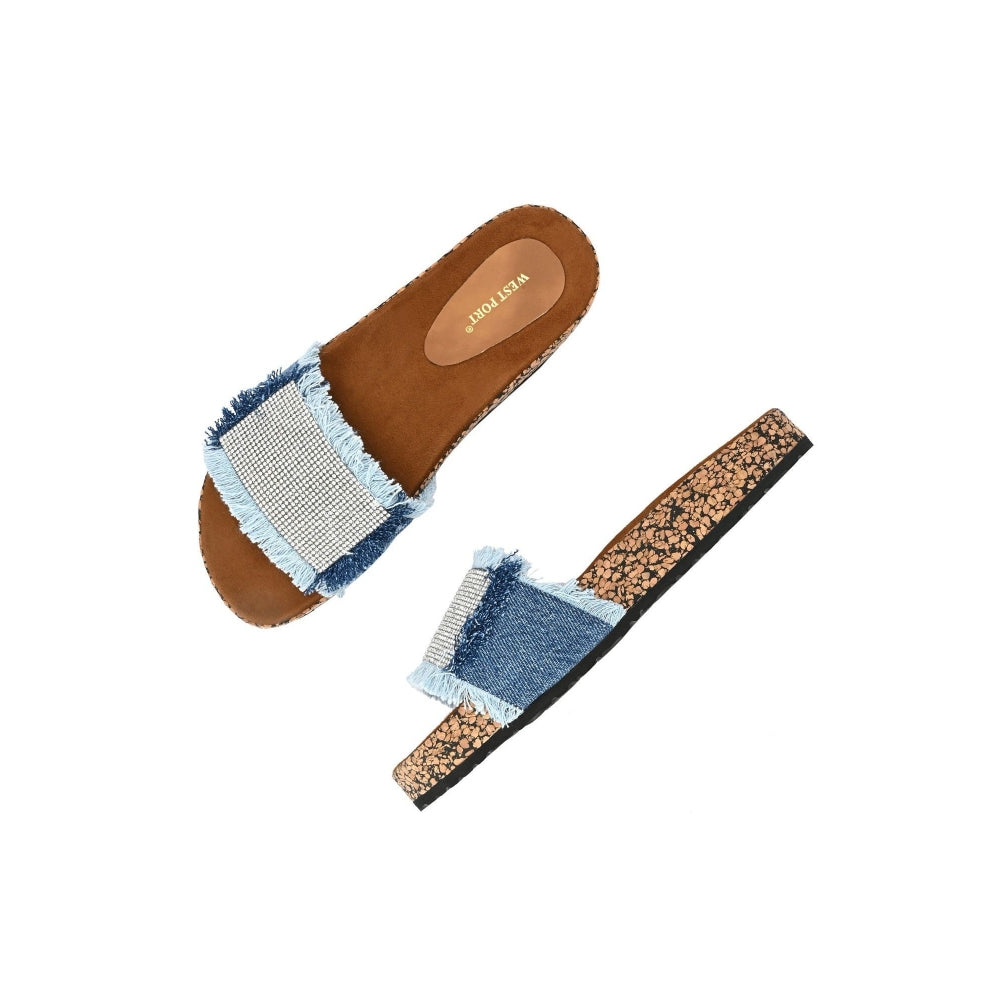 Valentino Women Navy Blue Denim Fringe Cork Slides