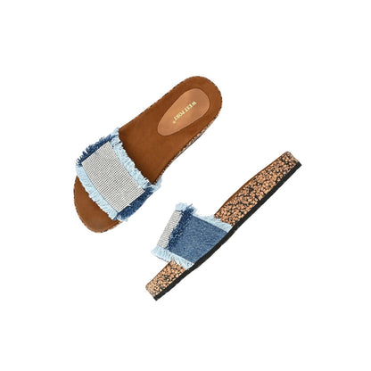 Valentino Women Navy Blue Denim Fringe Cork Slides