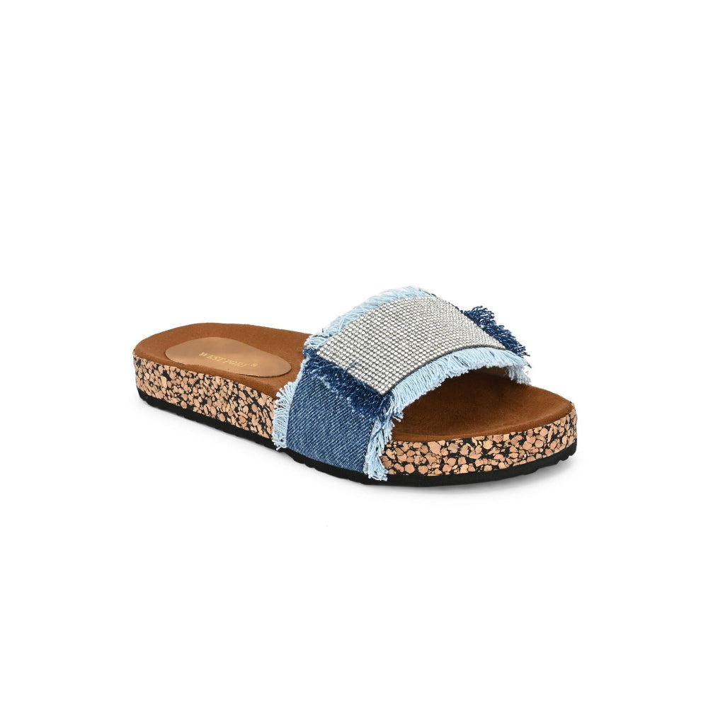 Valentino Women Navy Blue Denim Fringe Cork Slides