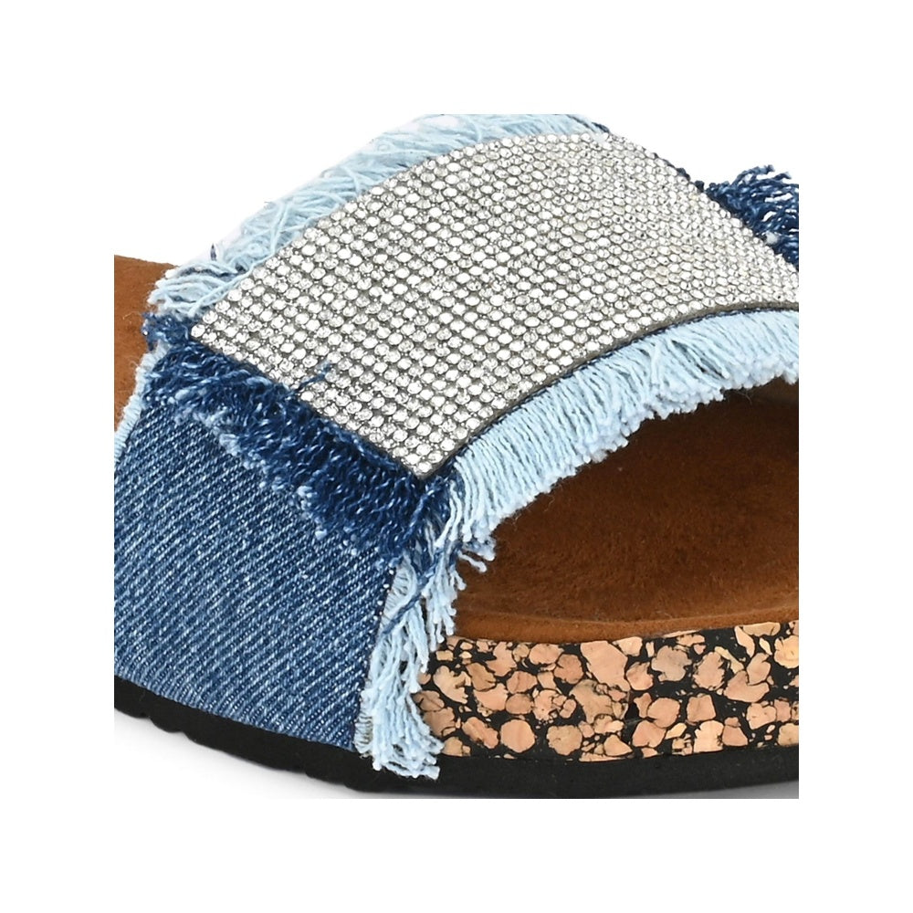 Valentino Women Navy Blue Denim Fringe Cork Slides