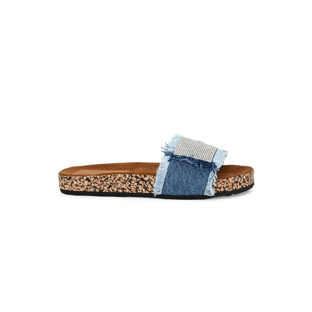 Valentino Women Navy Blue Denim Fringe Cork Slides