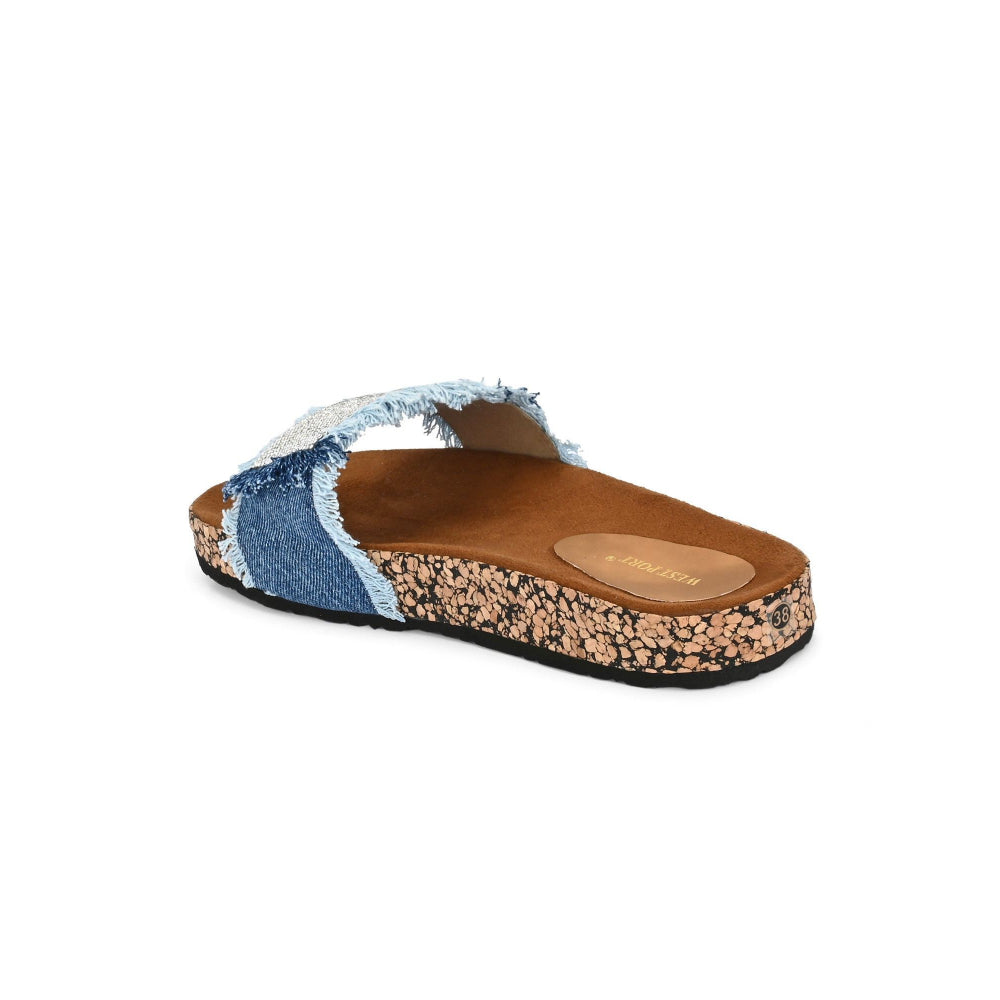 Valentino Women Navy Blue Denim Fringe Cork Slides