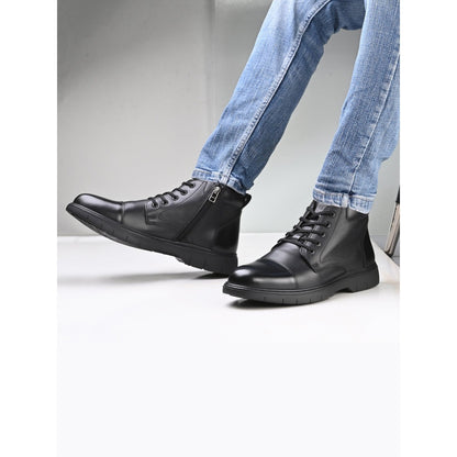 Valentino Men Premium Leather Lace-Up Ankle Boots with Side Zipper