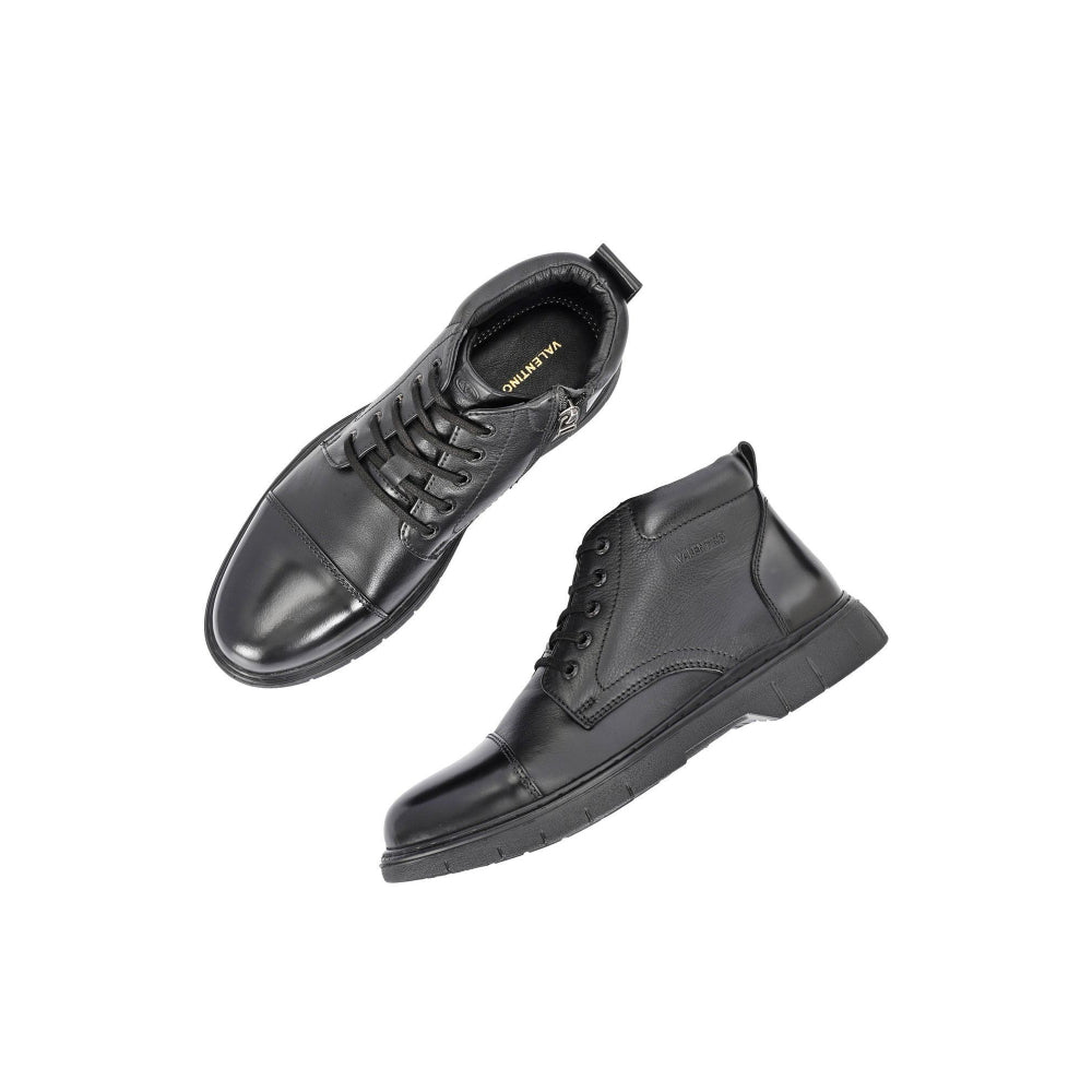 Valentino Men Premium Leather Lace-Up Ankle Boots with Side Zipper
