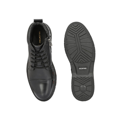 Valentino Men Premium Leather Lace-Up Ankle Boots with Side Zipper