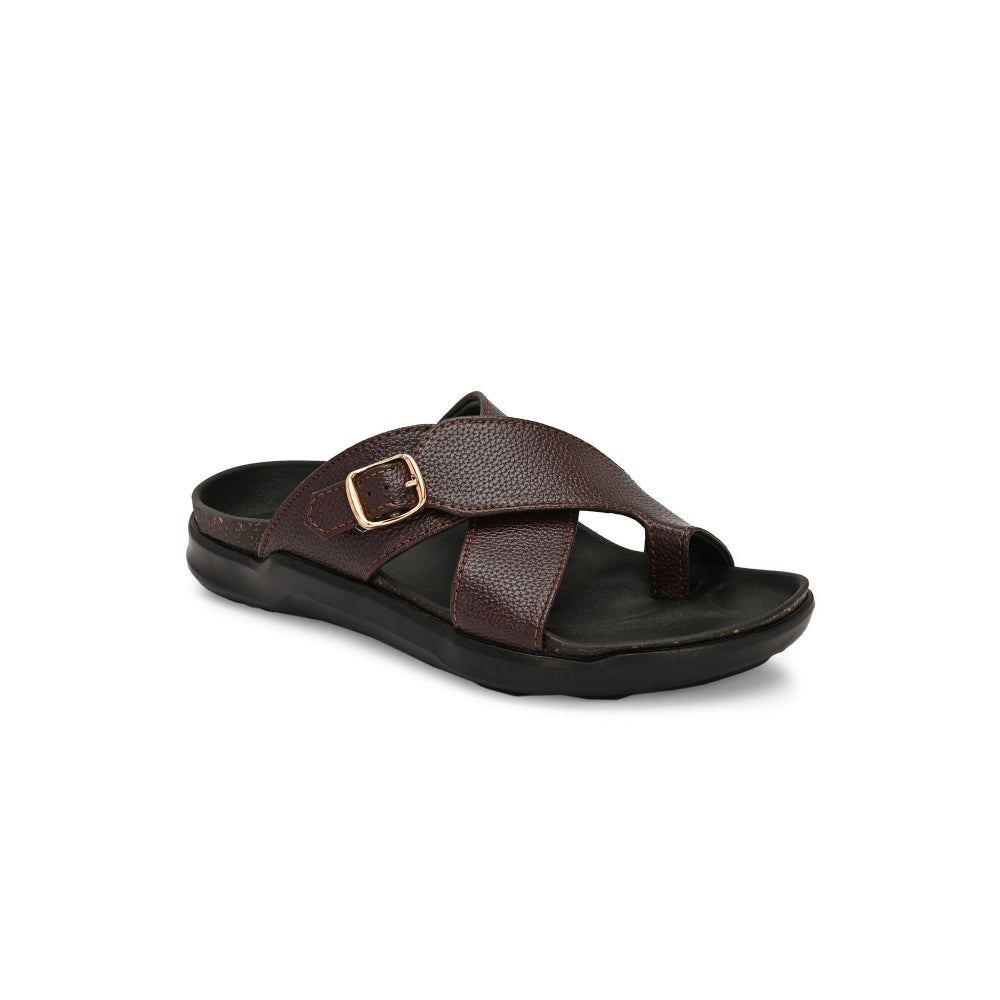 Valentino Men Faux Leather Brown Cross-Strap Sandals