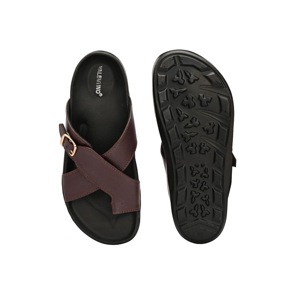 Valentino Men Faux Leather Brown Cross-Strap Sandals