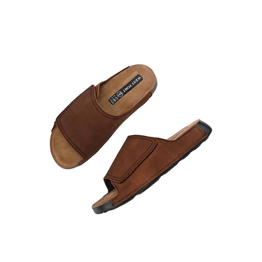 Valentino West Port Genuine Leather Brown Adjustable Strap Slides