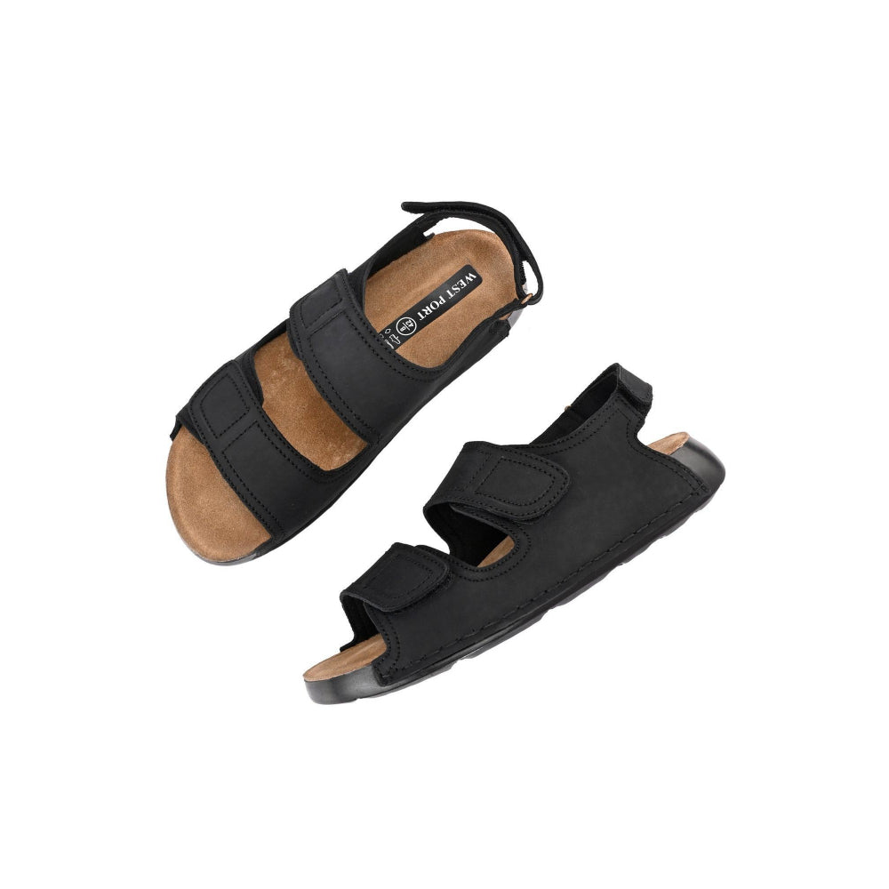 Valentino West Port Men Genuine Leather Black Dual Adjustable Straps Sandals