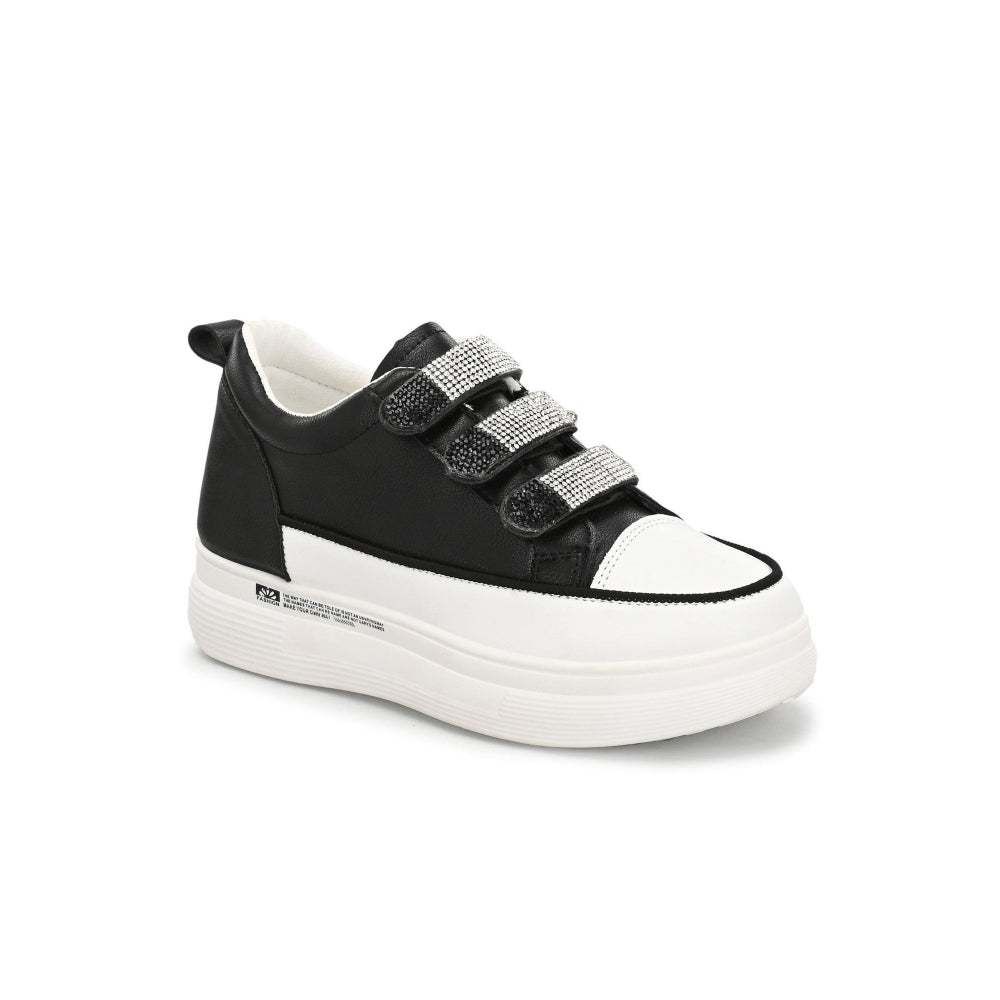 Valentino Women Black Crystal Embellished Velcro Straps Platform Sneakers