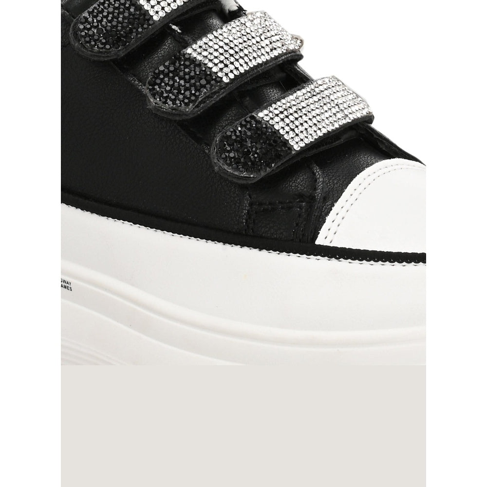 Valentino Women Black Crystal Embellished Velcro Straps Platform Sneakers