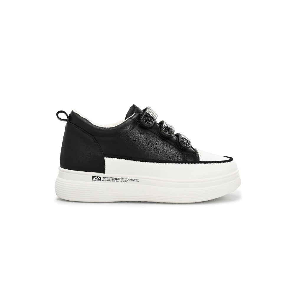 Valentino Women Black Crystal Embellished Velcro Straps Platform Sneakers