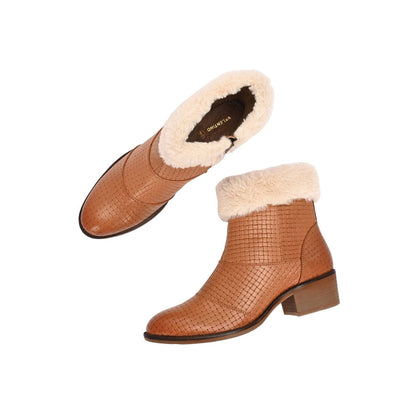 Valentino Women Textured Leather Ankle Zipper Boots With Fur Collar