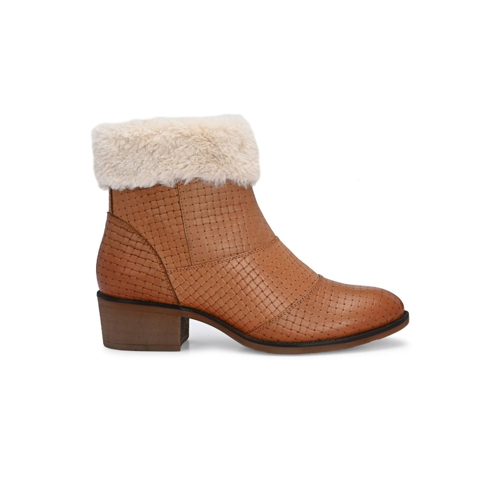 Valentino Women Textured Leather Ankle Zipper Boots With Fur Collar