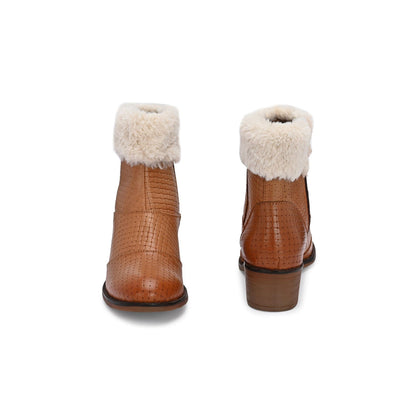 Valentino Women Textured Leather Ankle Zipper Boots With Fur Collar