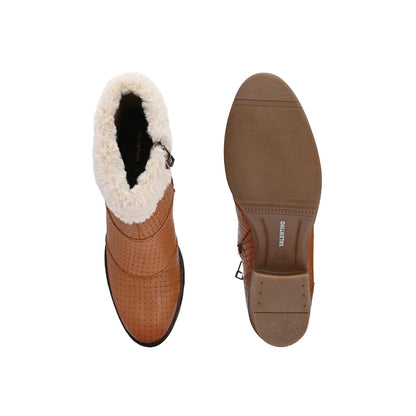 Valentino Women Textured Leather Ankle Zipper Boots With Fur Collar