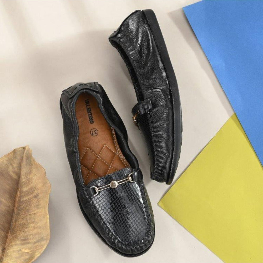 Valentino Women Black Premium Leather Formal Slip On Flexible Loafer