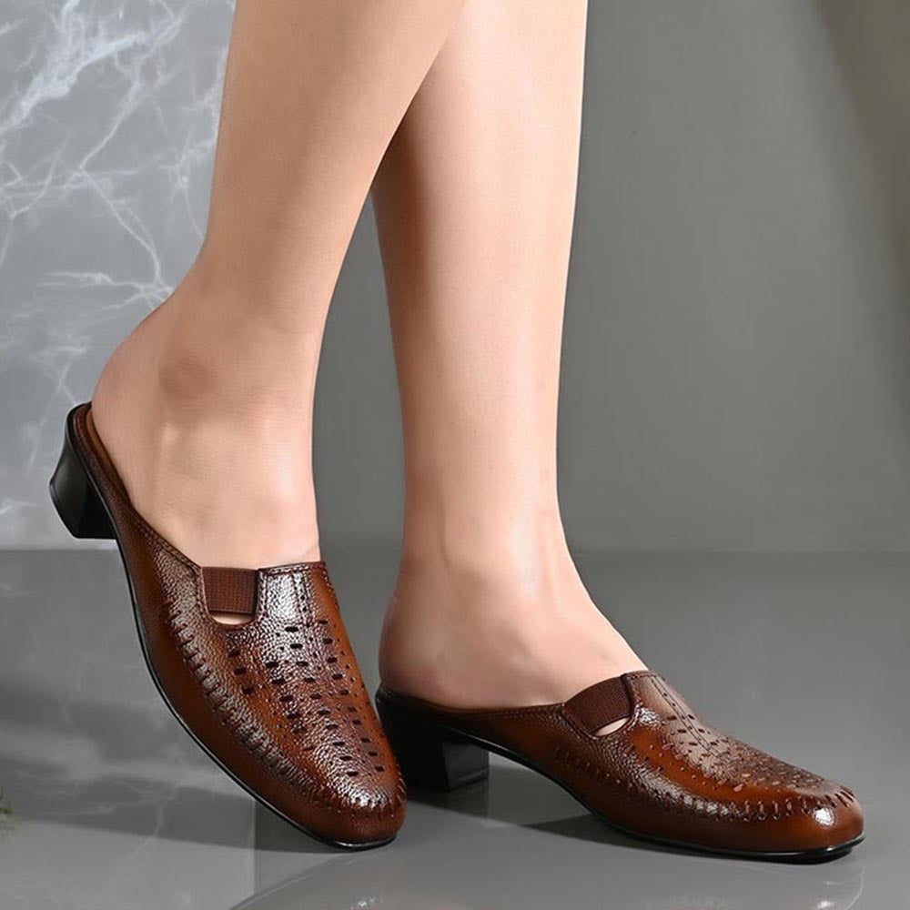 Valentino Women Tan Leather Cut-Out Heel Mules