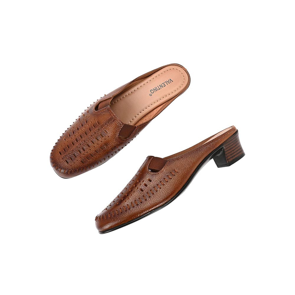 Valentino Women Tan Leather Cut-Out Heel Mules