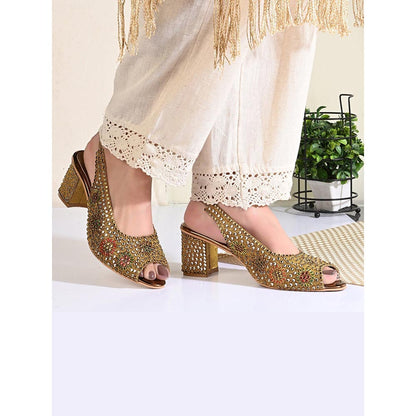 Valentino Women Golden Open-Toe Embellished Slingback Heels
