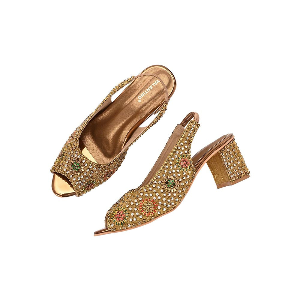 Valentino Women Golden Open-Toe Embellished Slingback Heels