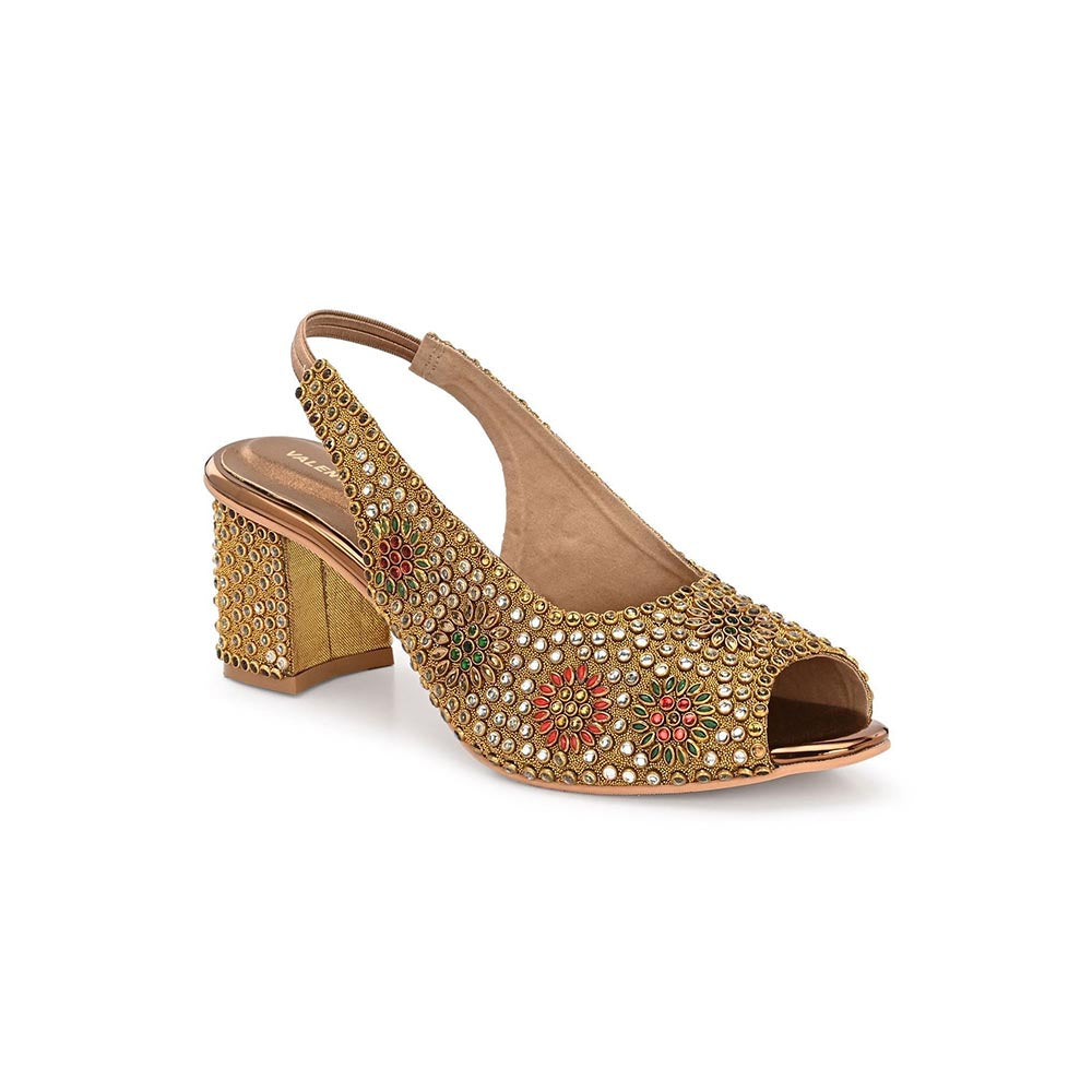 Valentino Women Golden Open-Toe Embellished Slingback Heels