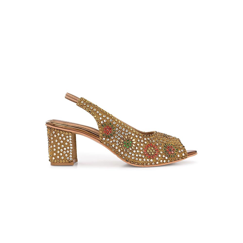 Valentino Women Golden Open-Toe Embellished Slingback Heels