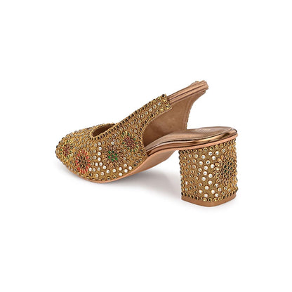 Valentino Women Golden Open-Toe Embellished Slingback Heels