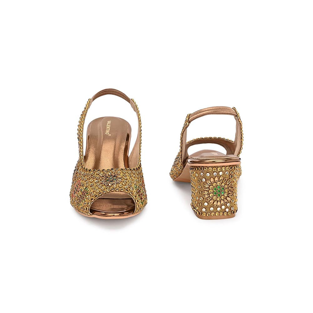 Valentino Women Golden Open-Toe Embellished Slingback Heels