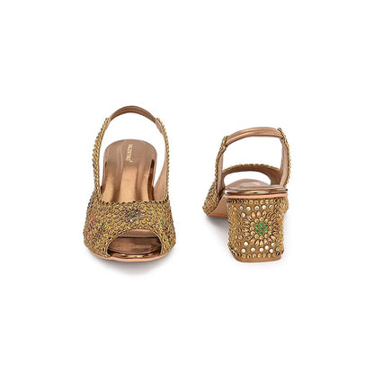 Valentino Women Golden Open-Toe Embellished Slingback Heels