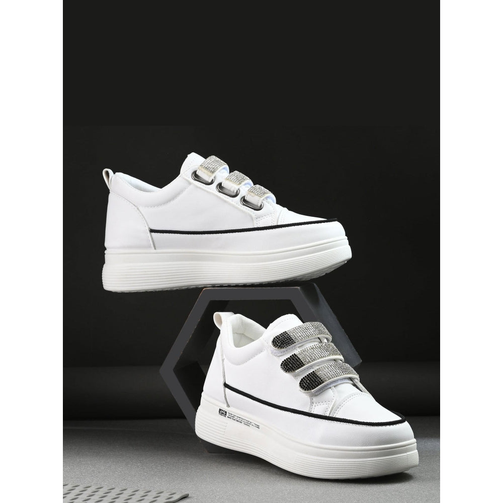 Valentino Women White Crystal Embellished Velcro Straps Platform Sneakers