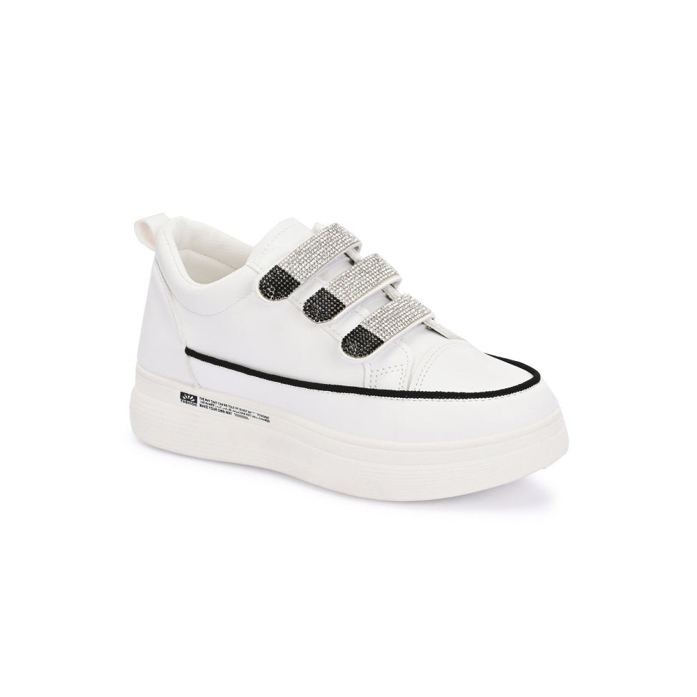 Valentino Women White Crystal Embellished Velcro Straps Platform Sneakers