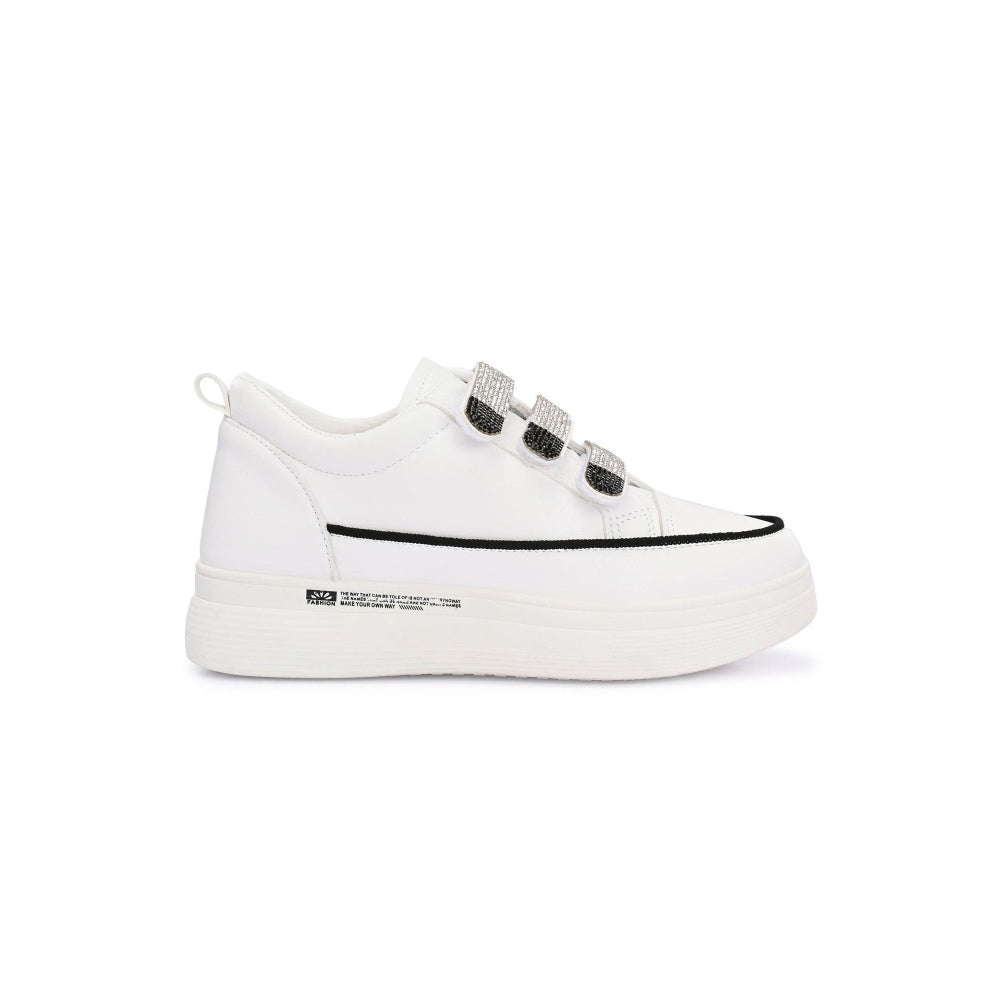 Valentino Women White Crystal Embellished Velcro Straps Platform Sneakers