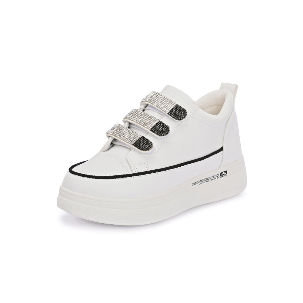 Valentino Women White Crystal Embellished Velcro Straps Platform Sneakers