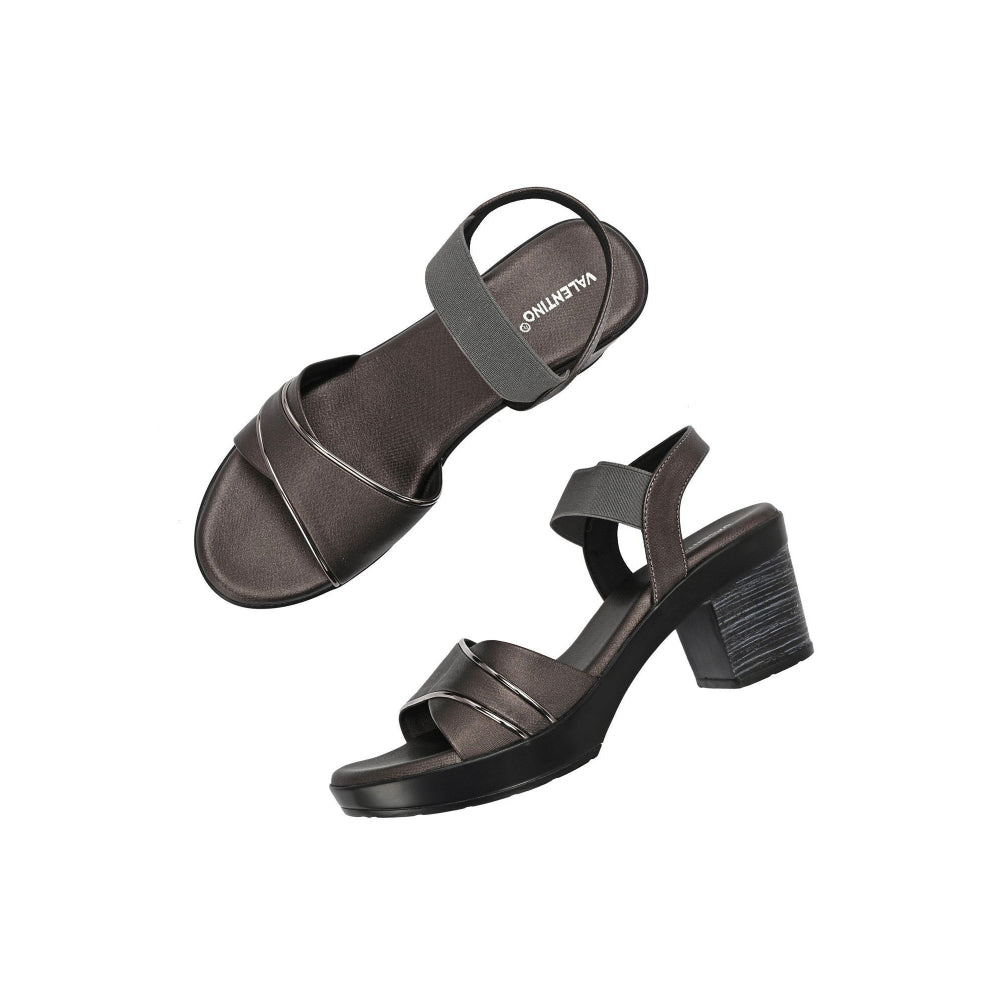Valentino Women Gunmetal Block Heel Sandals With Gold Detail