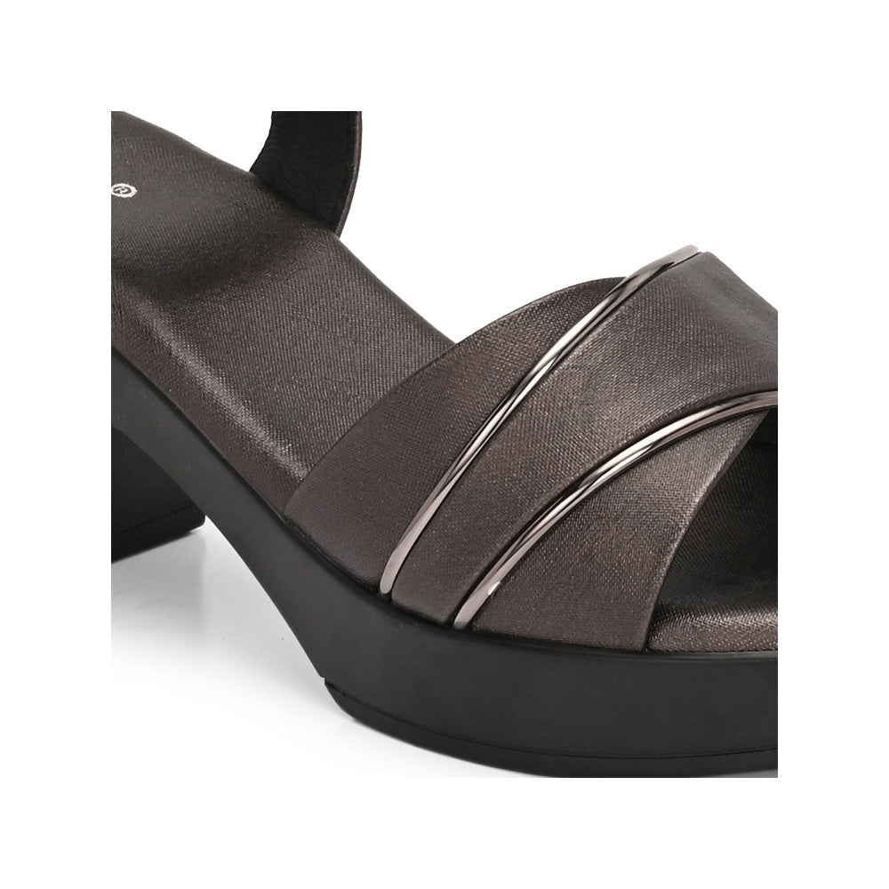 Valentino Women Gunmetal Block Heel Sandals With Gold Detail