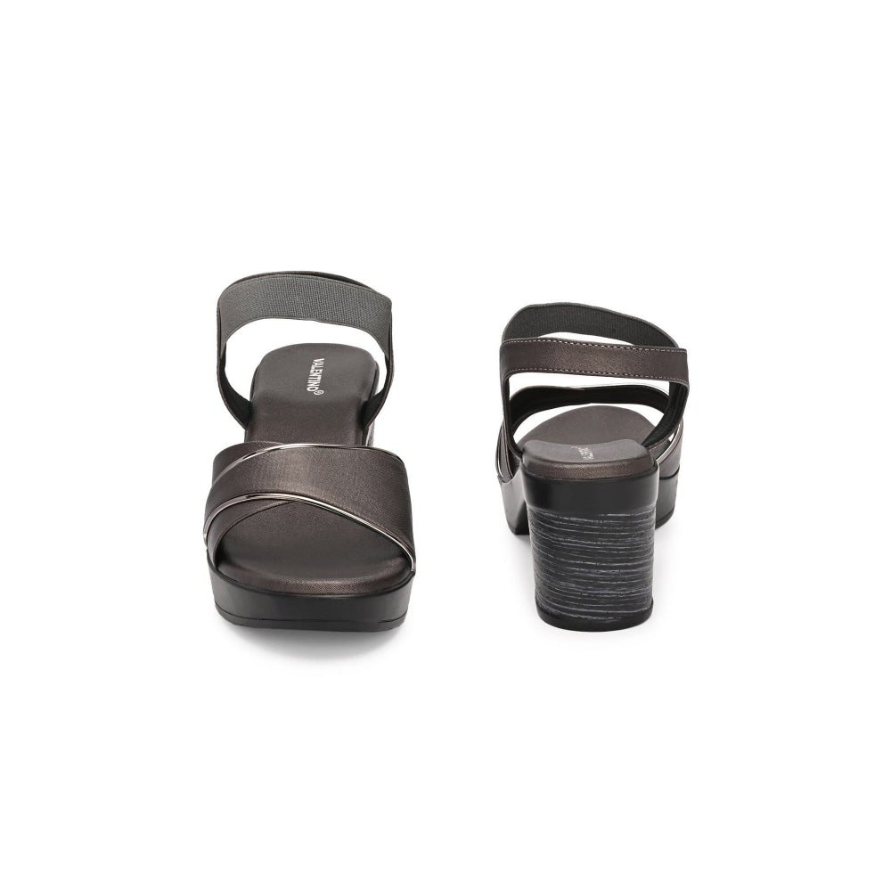 Valentino Women Gunmetal Block Heel Sandals With Gold Detail