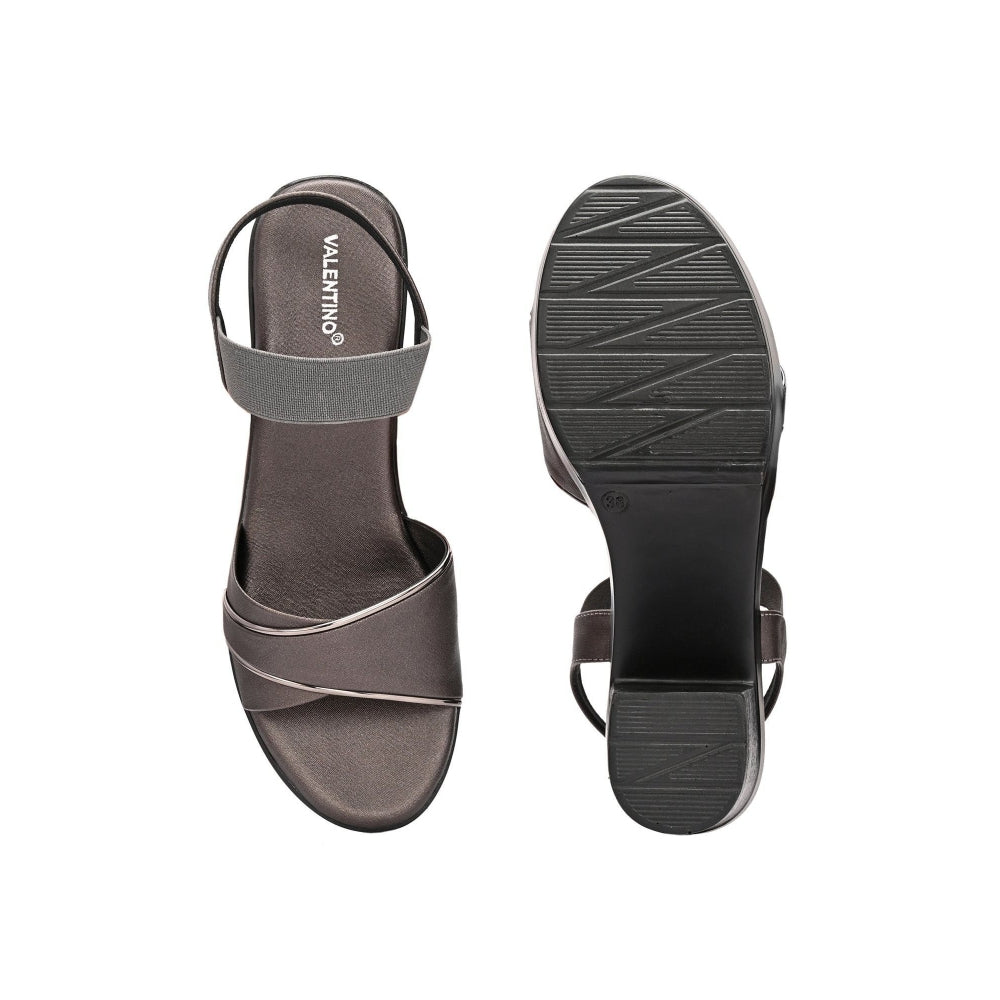 Valentino Women Gunmetal Block Heel Sandals With Gold Detail