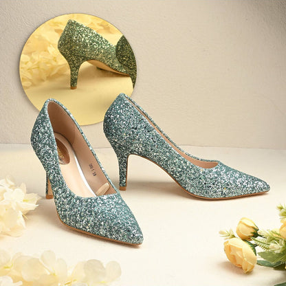Valentino Women Green Glitter Pointed-Toe Pumps