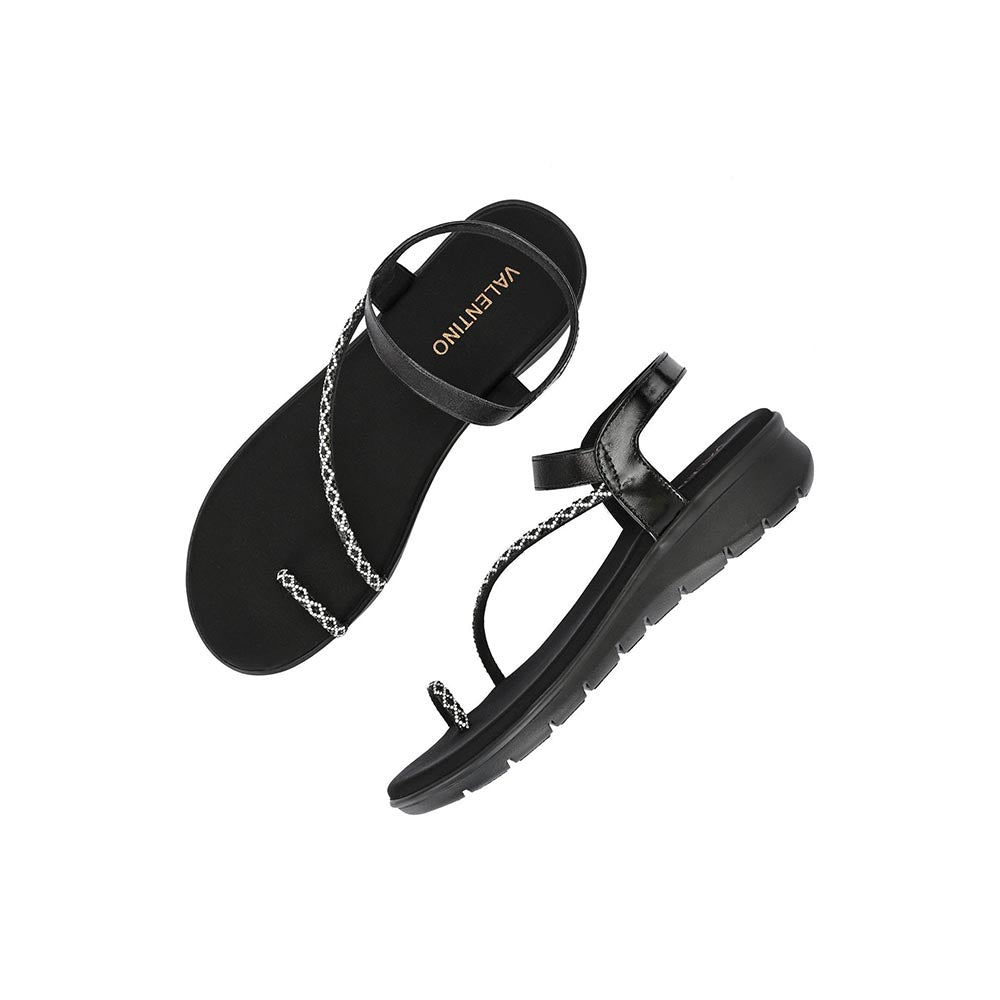 Valentino Women Black Silver Crystal Toe Loop Comfort Sandal