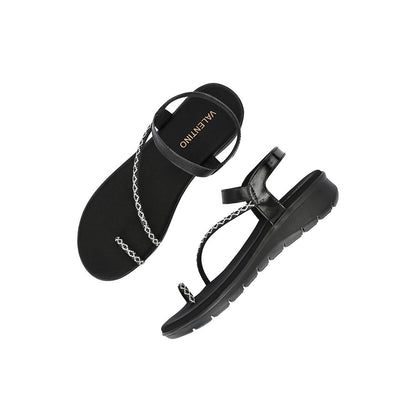 Valentino Women Black Silver Crystal Toe Loop Comfort Sandal
