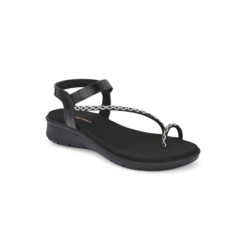 Valentino Women Black Silver Crystal Toe Loop Comfort Sandal