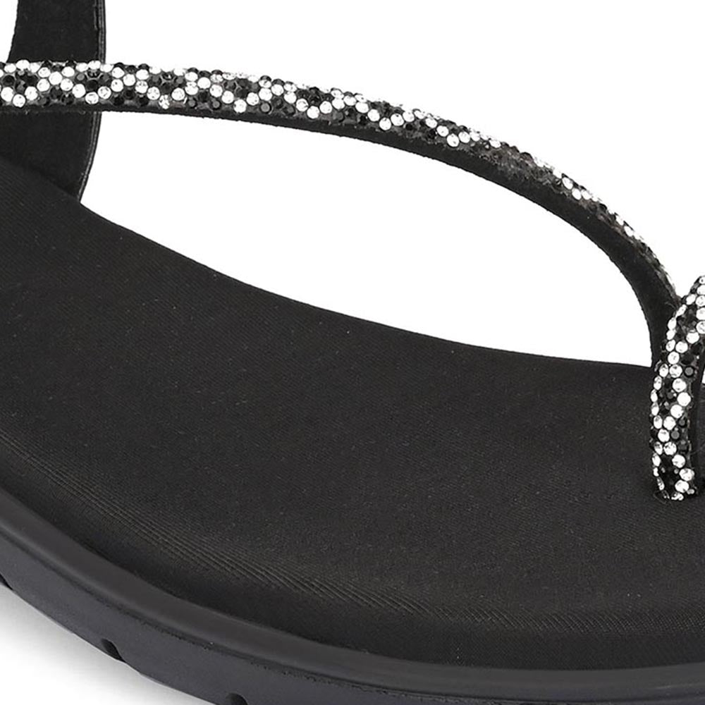 Valentino Women Black Silver Crystal Toe Loop Comfort Sandal